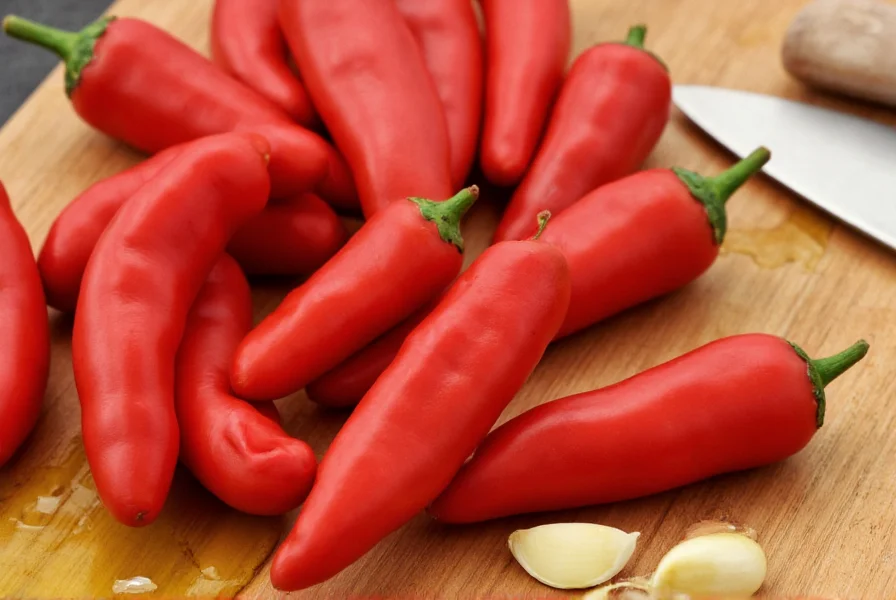 Close-up photograph of fresh red guindilla peppers on a wooden cutting board with olive oil and garlic