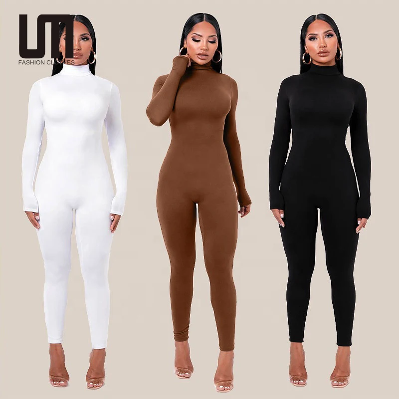 

2021 New Arrivals Women Casual Sportswear High Neck Leggings Club Party Plain Black White Brown Jumpsuit, Customized color