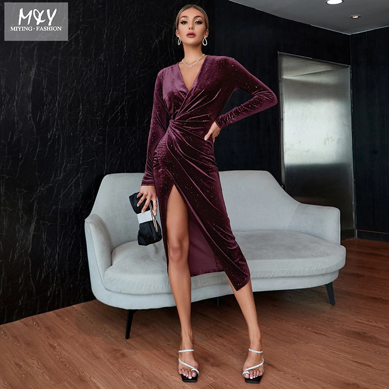 Spring long sleeve velvet Shiny hot stamping dinner party dress fashion women clothing Lady elegant sexy slit prom evening dress
