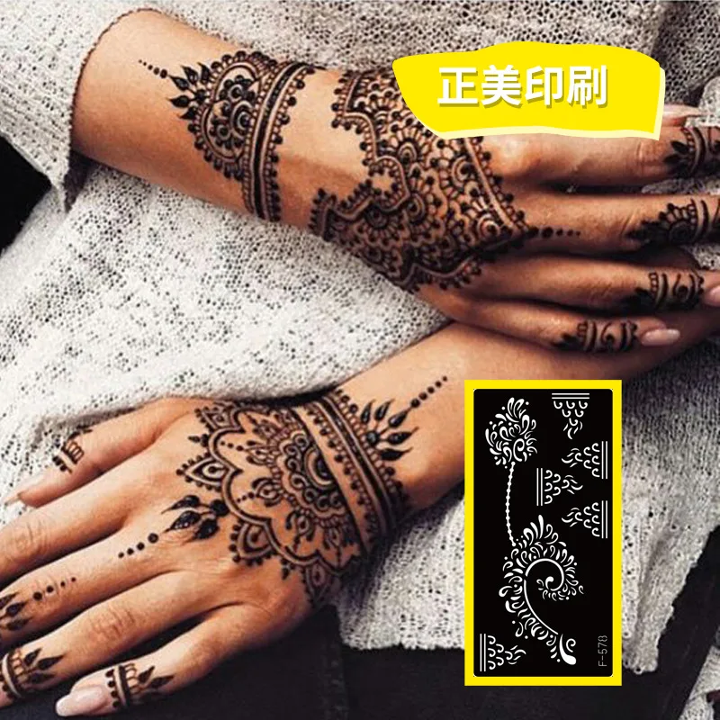 

OEM and ODM European And American Style Semi-Permanent Hollow Tattoo Template Tattoos Indian Henna Tattoos Sticker, Metallic gold, silver, black, blue,burnt henna or cmyk