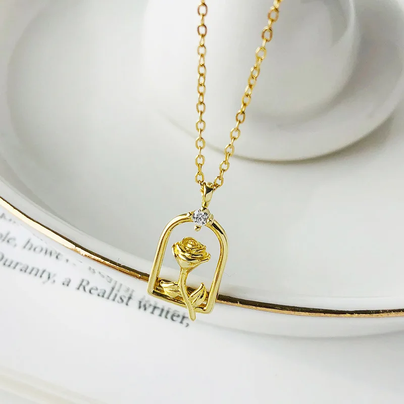 

Original Design 925 Sterling Silver Rose Flower Pendant Necklace Gold Tone Rose Garden Pendant Necklace for Women Ladies