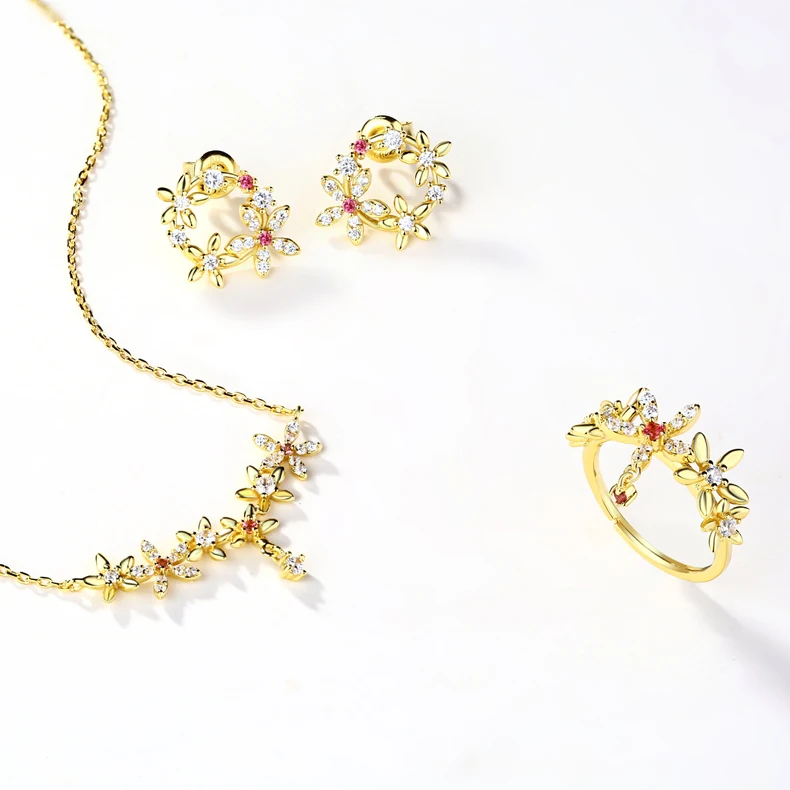 

Korean jewelry gemstone floral 14K gold plated wedding bridal jewelry set