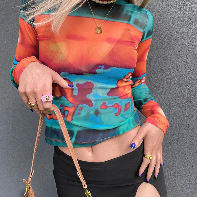 

Bomblook Q21TP520 Fall 2021 Tops Mesh See Through Round Neck Long Sleeve Color Patchwork Casual Streetwear Woman Tops