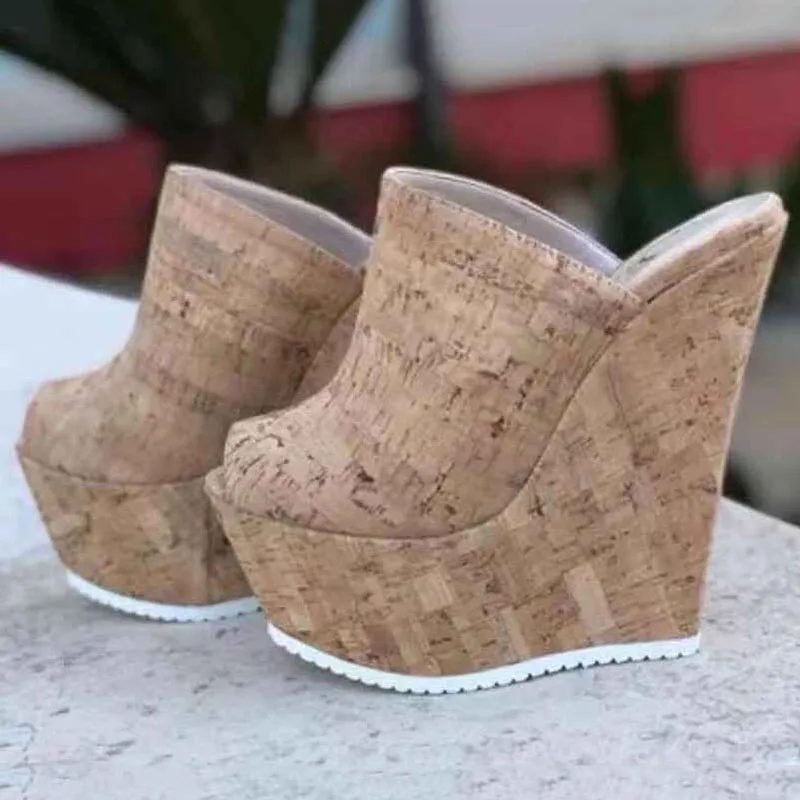 

NEW Summer 15cm Wedges Super High Heel Shoes Sandals Chelsea Boots Ankle-Wrap PU Fashion Platform Wedges Dress Round Toe 35-42, Apricot