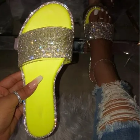 

hot sale summer big size44 women sandals beach slide rhinestone jelly print slippers flat casual 2020 new sandals for women, Yellow,black,khaki,pink,orange,snake pattern