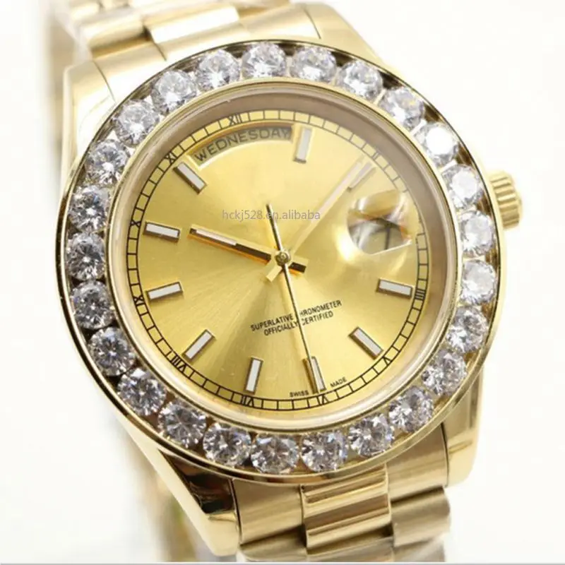 

Luxury Brand Red Gold President 43mm Big Diamonds Bezel Mens Watch Stainless Steel Automatic Mechanical Mens Reloj