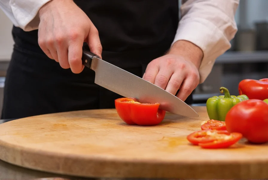 Professional chef demonstrating proper grip on chef's knife while slicing red bell pepper on wooden cutting board