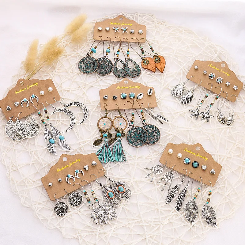 

Boho Jewelry Assorted Set Dream Catcher Leaf Moon Charm Drop Earrings Hollow Flower Feather Leaves Pendants Earrings, As picture