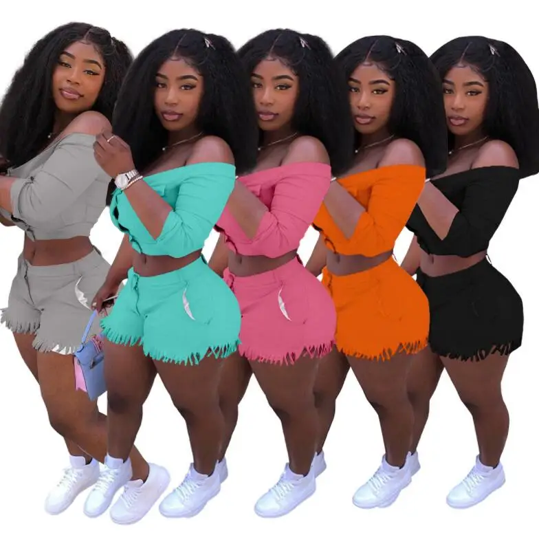 

Custom Logo Fall 2021 Women Clothes Long Sleeve Off Shoulder Shirts And Tassel Shorts Two Piece Pants Set Outfit, Picture shows