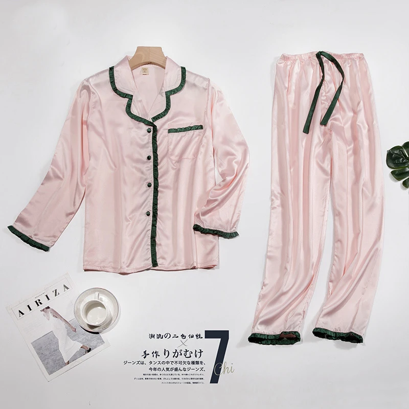 

JULY'S SONG Faux Silk Satin Pajama Elegant V Neck Long Sleeve Sweet Solid Color Patchwork Loungewear Spring Autumn Pijama Female, Pink green blue