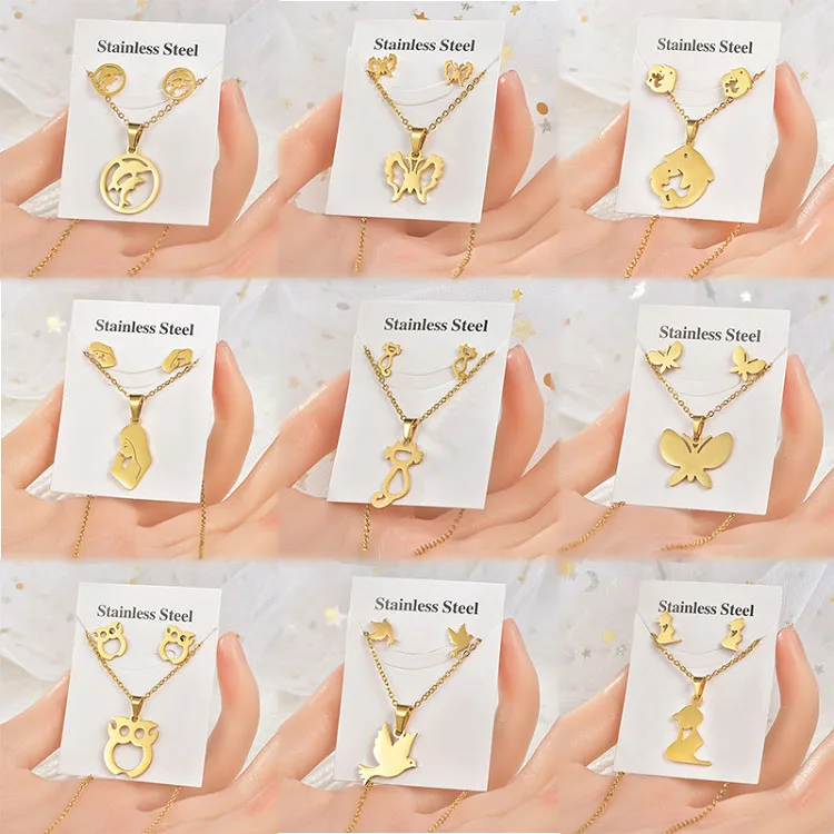 

G382 134 Styles Jewelry Set Gold Plated Stainless Steel Butterfly Flower Unicorn Pendant Necklace Earrings Set
