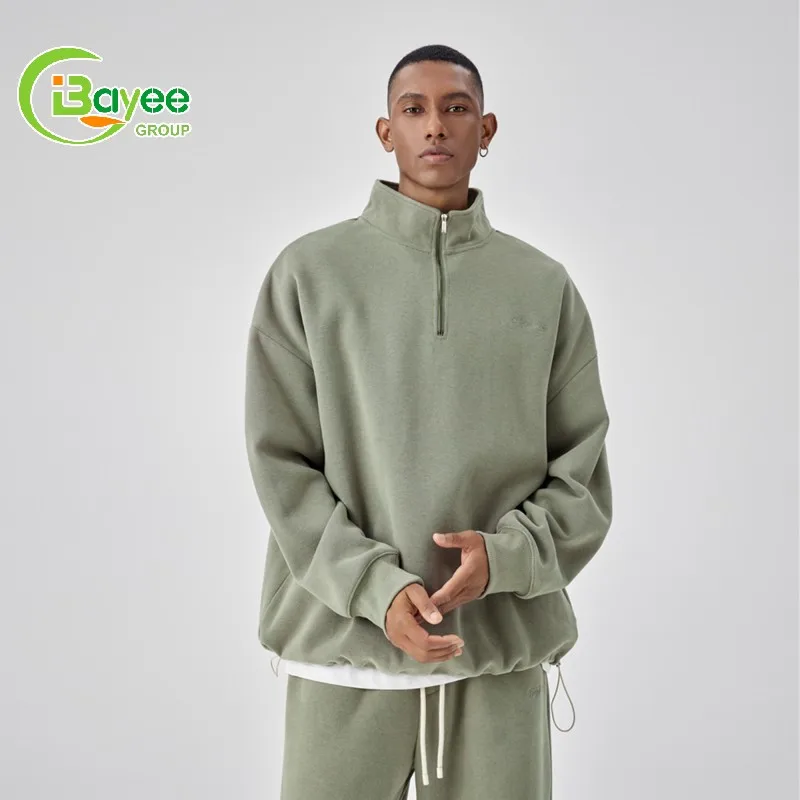 Custom Logo Drop Shoulder Unisex French Terry Heavyweight Hoodie Quarter Zip Cotton Oversized Men Sweatshirt