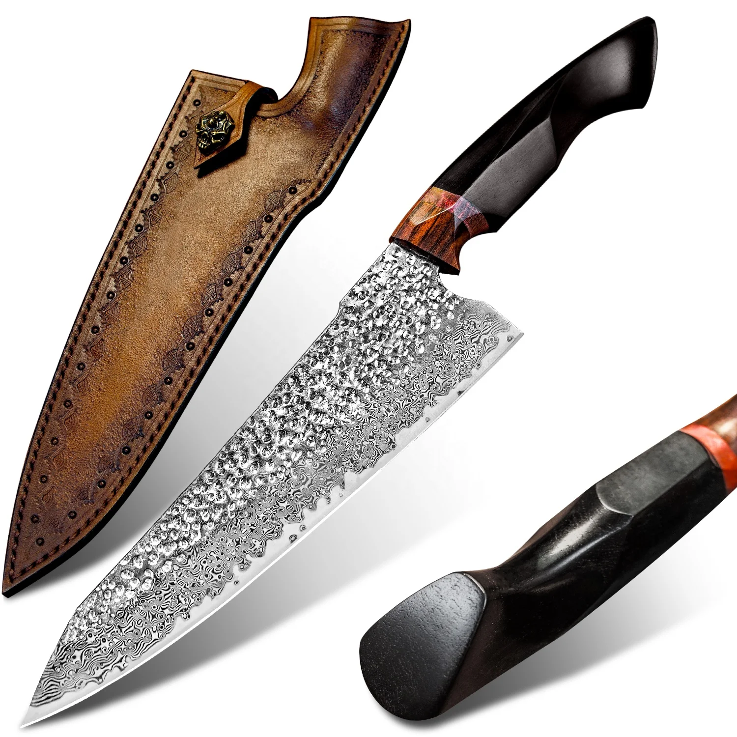 

Handmade 8.5in Ebony Wood Handle Japanese VG10 Damascus Stainless Steel Blade Kitchen Chef Knife with Leather Sheath