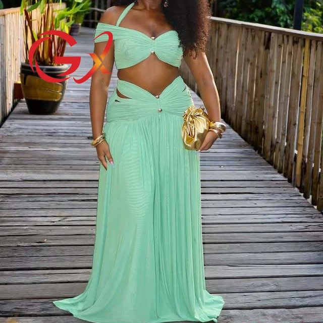 GX8092 Fashion 2026 Summer Women Boutique Street Wear Sleeveless Tank Tops and Mesh Long Skirt 2 Piece Set