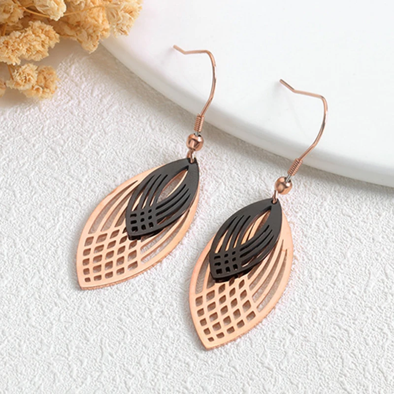 Geometric stainless steel rose gold earrings Leaf double hollow black earrings earrings female