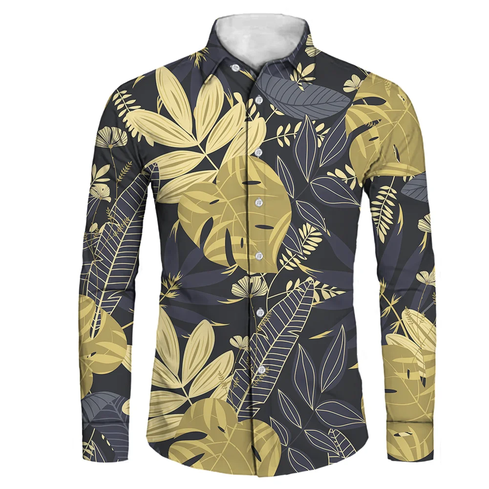 

Autumn Luxury Button Blouses Tops Polynesian Style Hawaii Palm Banana Leaf Plus Size Plain Collar Long Sleeve Shirts For Men, Custom color