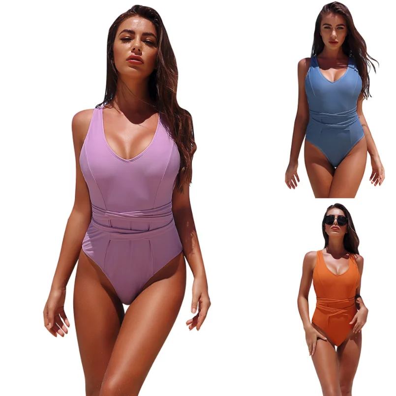

Wholesale Custom Women Solid Color Halter Swimsuit One Piece Beachwear Fashion Ladies Cross Back Sexy Bikini, As picture