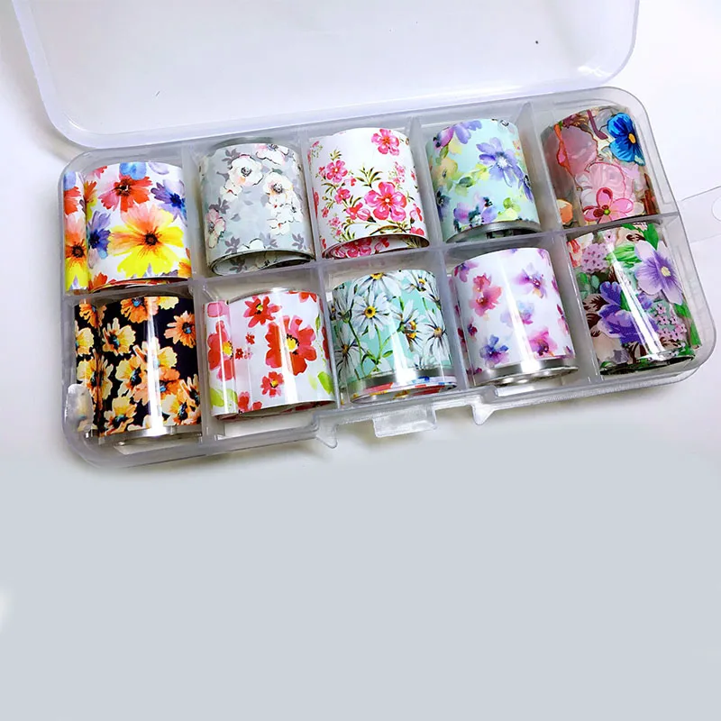 

2020 ANGNYA Hot Sale 10 Designs Nail Art Laser Stickers Fashion Flowers Nail Art Transfer Foil Stickers Star Paper, Mixed colors