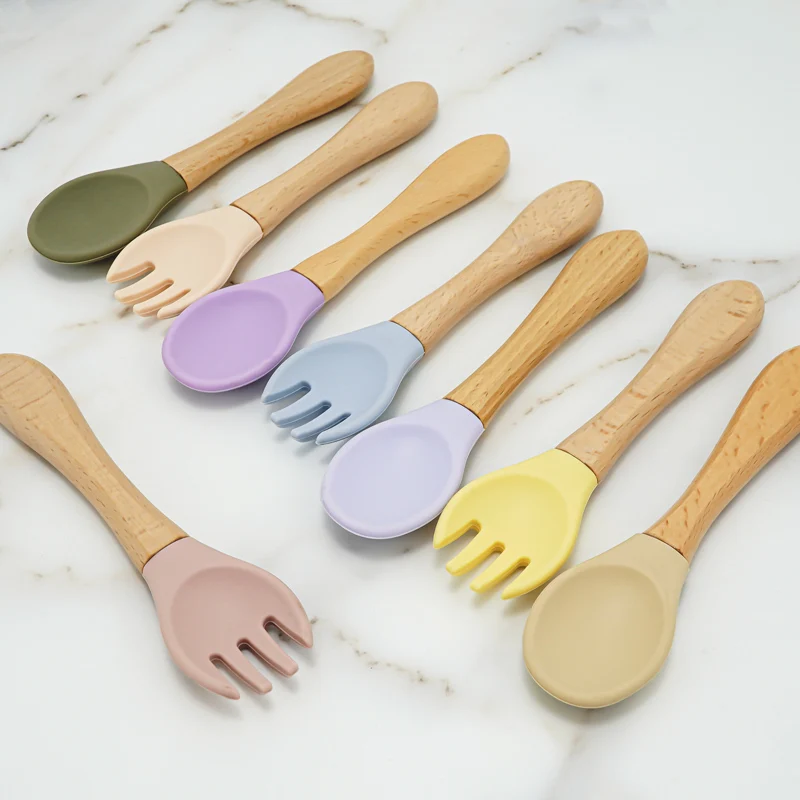 

High Quality 100% Food Grade Inventory Easy To Rinse Baby Spoon Fork Unbreakable Safe Silicone Feeding Baby Spoon And Fork Set, As the picture