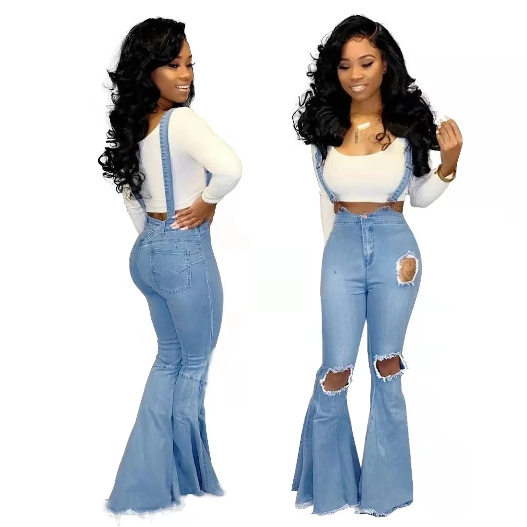 

Versatile wide leg knee hole Women jeans micro speaker strap pants bell bottom jeans Overalls Casual Pants