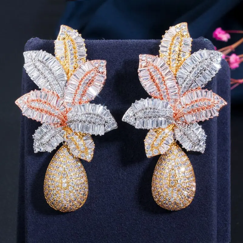 

Luxury dangle Leaf Flower Full Cubic Zirconia Micro Paved wedding bridal jewelry fashion statement earrings for women