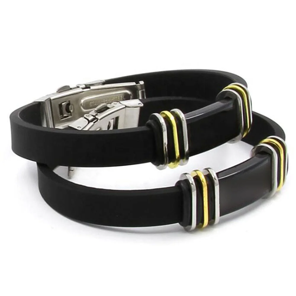 

Mens Black Rubber Anti Static Wrist Strap Stainless Steel Clasp Bracelet 18K Gold Plated