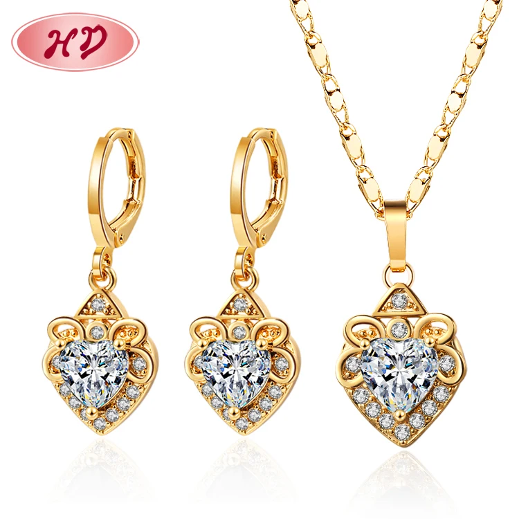 18k gold plated jewelry wholesaler cubic zirconia heart pendant women necklace and drop earrings sets