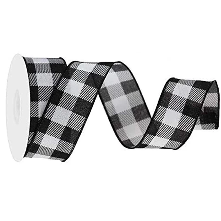 

100% Polyester black plaid ribbon gingham ribbon wholesale/ plaid fabric ribbon