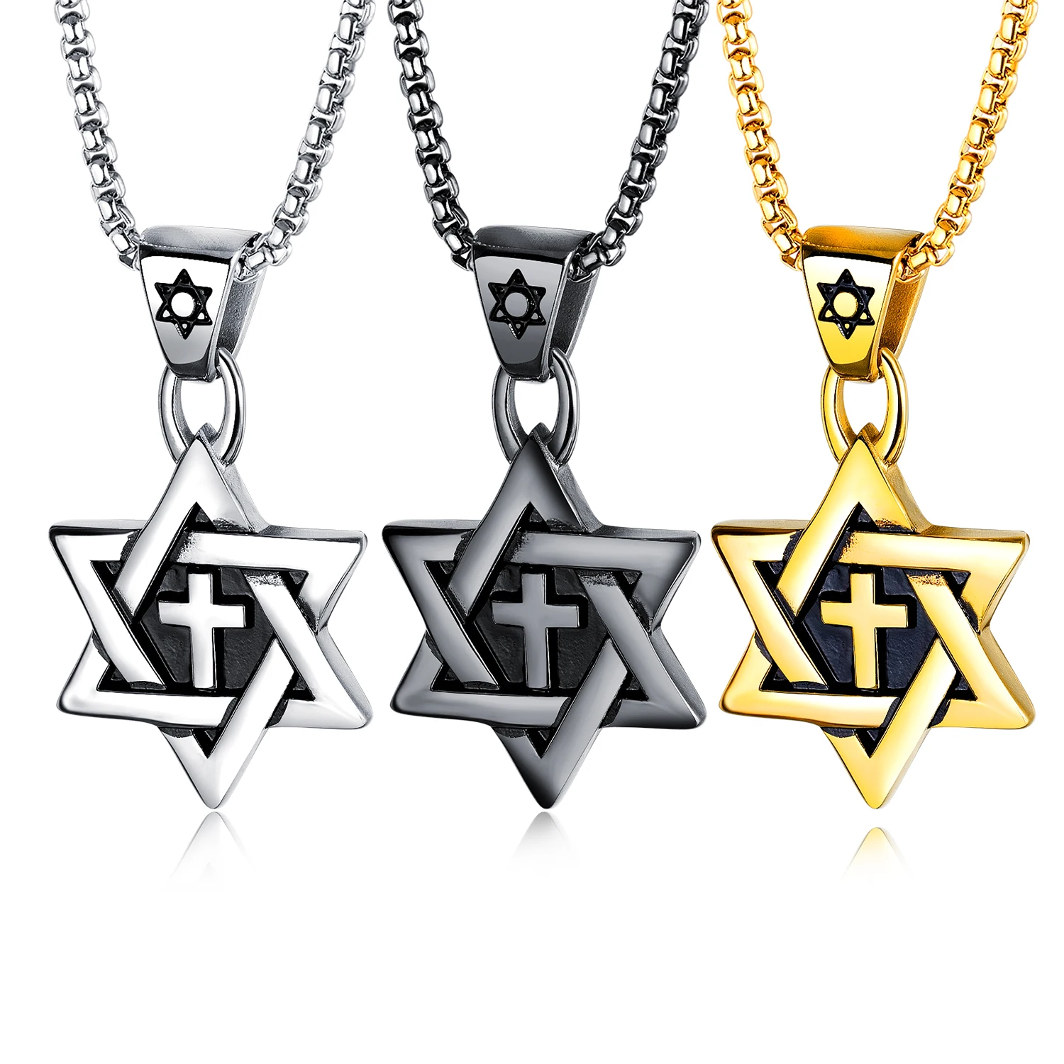 

Silver/Gold/Black Geometric Six Point Star Initial Necklace for Men Boys Simple Stainless Steel Pendant Jewelry with Box Chain, Black/silver/gold