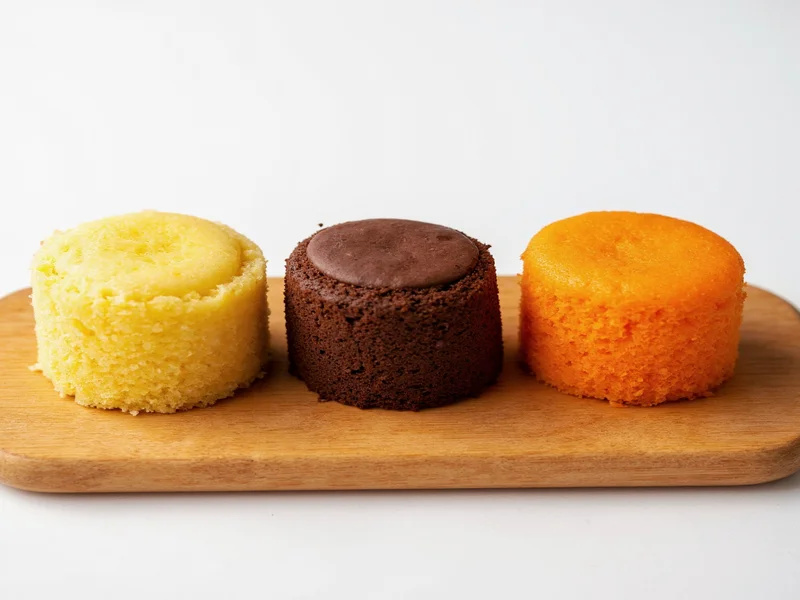 Three cake variations: lemon, chocolate, and carrot on wooden board