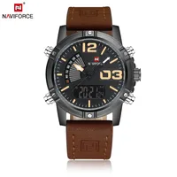

NAVIFORCE Brand 9095 Dual Display Watch Men Sport Quartz LED Watch Leather Band Analog Digital Wrist Watch 30M Waterproof Clock