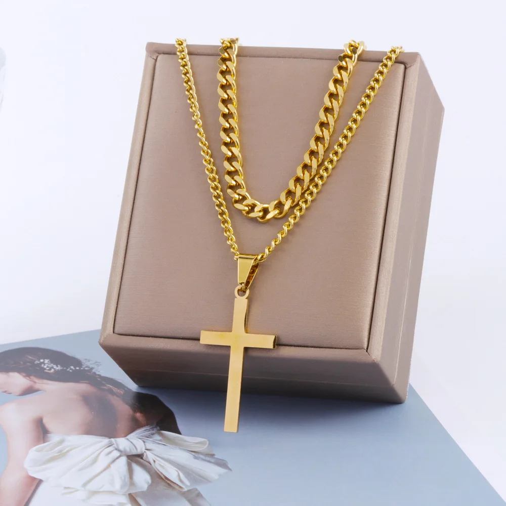 

Fashion Waterproof Non Tarnish Gold Plated Stainless Steel Double Layer Cuban Chain Cross Pendant Necklace For Women YF3458