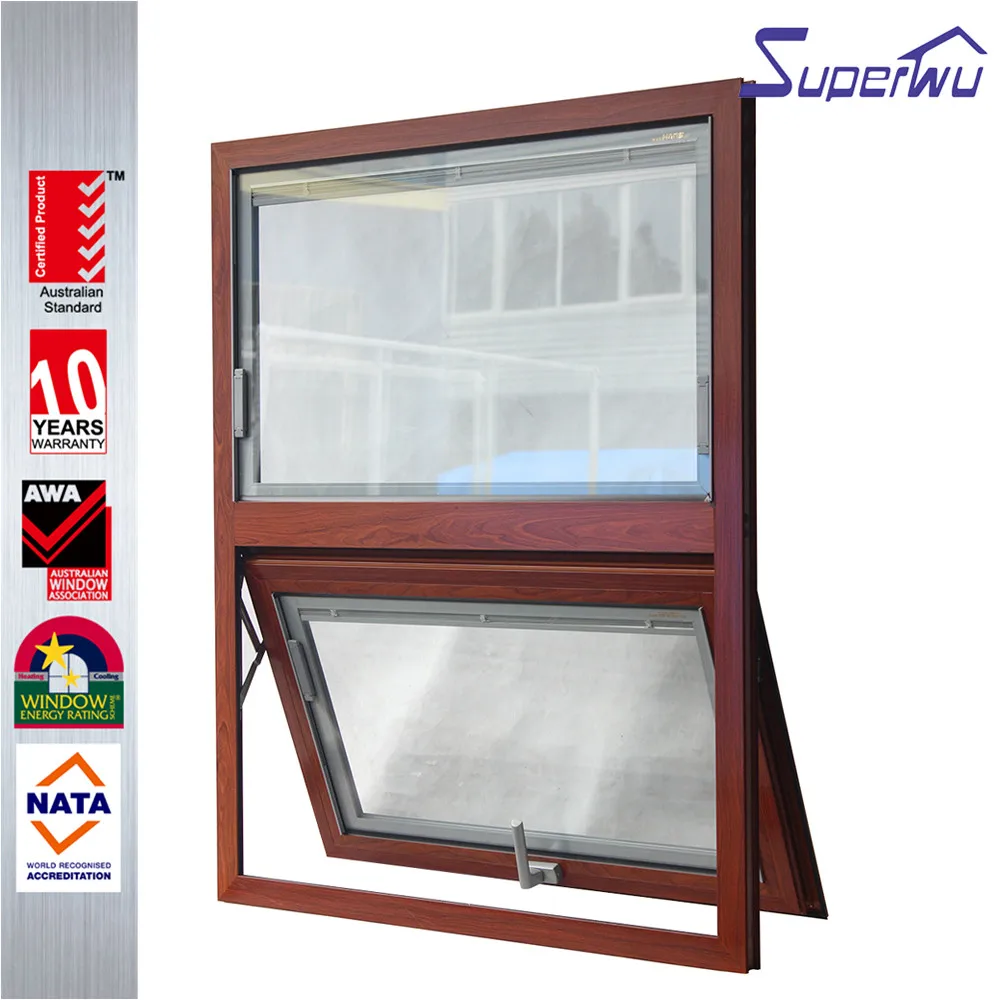 wooden look aluminum frame retractable flyscreen awning windows