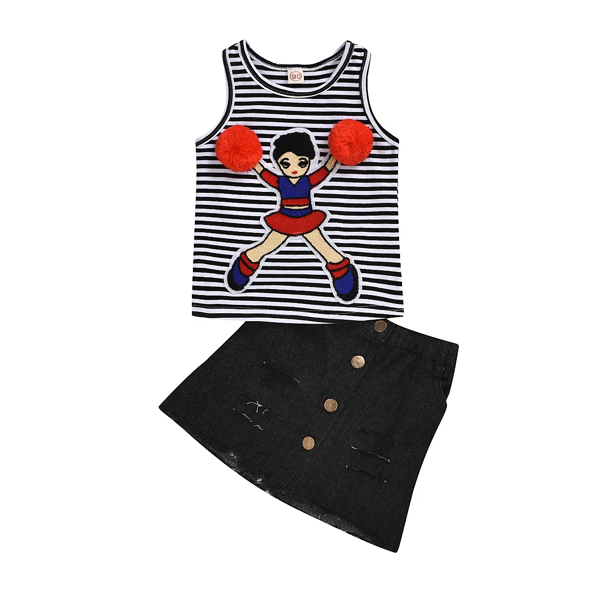 

Cute Summer Girl Sleeveless Pompom Cartoon Stripe Vest+Denim Skirts Sets