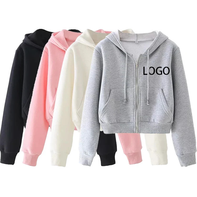 

Wholesale Custom Logo Printing Zip Casual Gym Short Hoodie Tracksuit Jogger Tops Women Crop Top Hoodie