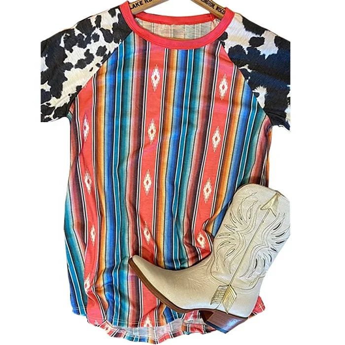 

Free Shipping Fashion Design Western Style O-neck Short Sleeve Patchwork Aztec Tops Women Cow Serape Printed T-shirt