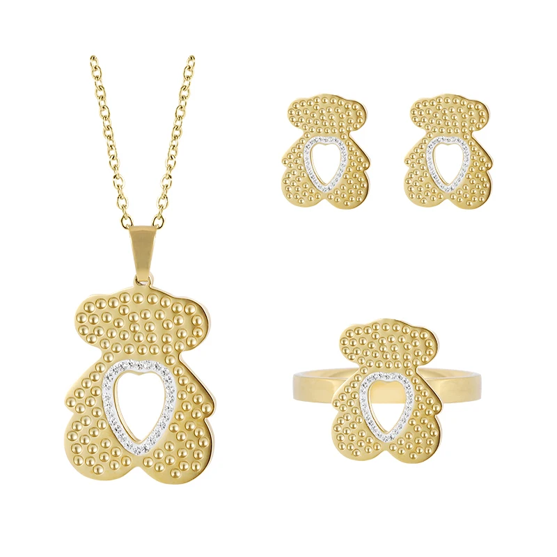 

Fashion Unique Classic Heart Zircon Touse Jewelry Gold Plated Necklace Earrings Ring Women's Bear Stainless Steel Jewelry Sets, Steel/gold/rose gold/black