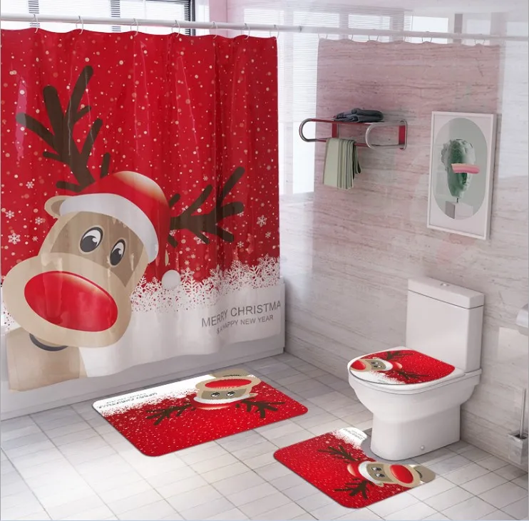 
Christmas Bathroom Shower Curtain Mat Set 4 pieces Waterproof Toilet Cover Mat Non Slip Rug Shower Curtain For Xmas Decoration 
