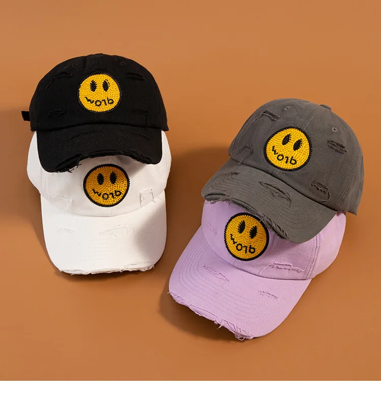 

Free shipping wholesale custom embroidery logo 6 panel happy smile smile face hat dad cap distressed hats women distress hats