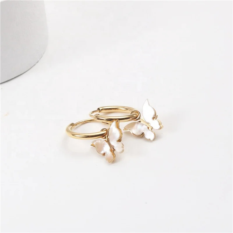 

Stainless Steel Jewelry Gold Plated White Shell Butterfly Hoop statement Earring for women 2021