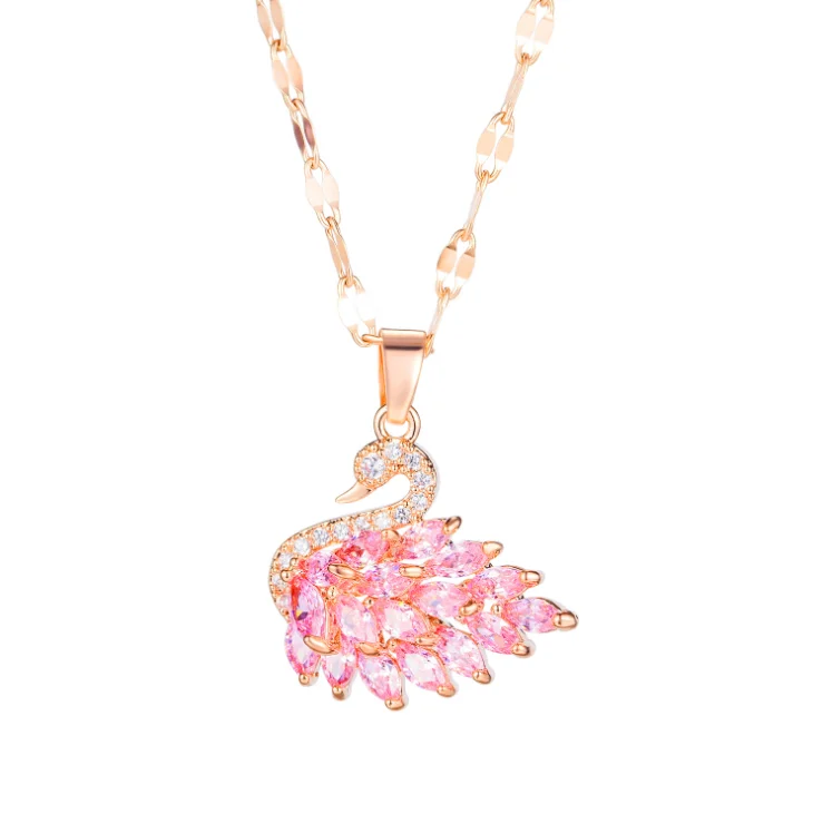 

Wedding party prom bridal bride evening stainless steel rose gold colorful swan diamond pendant necklace women, As picture shows