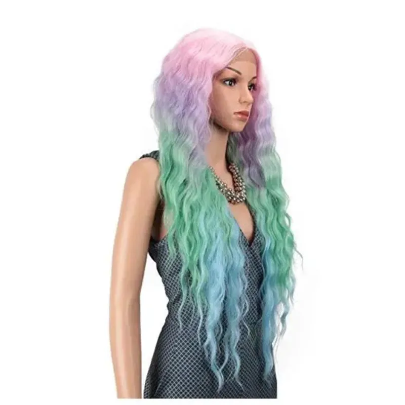 

New Fashion Water Wave Colored Synthetic Lace Wig Wigs Synthetic Hair Long Wavy Rainbow Colorful