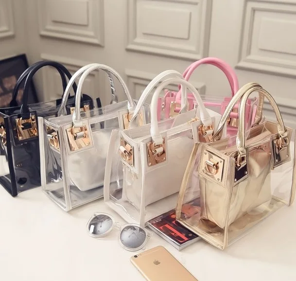 

2021 New Trendy Waterproof Ladies Transparent Square Pvc Clear Purses Large Tote Bag Women Crossbody Handbags Jelly 2 In 1 Purse, 5 colors