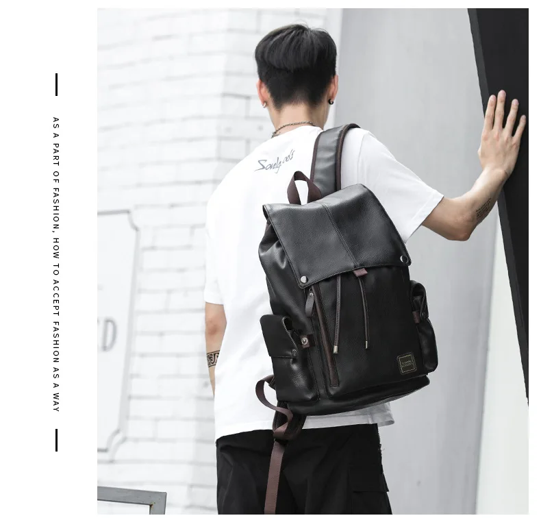 Waterproof School Bag Men Leather Backpack Black Travelling Backpack