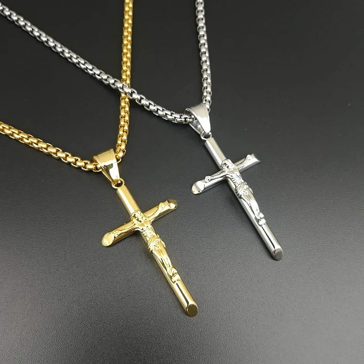 

Wholesale Hot Selling IP Gold Plated Jesus Cross Necklace Hips Hops Jewelry Stainless Steel Cross Jesus Pendant Necklace