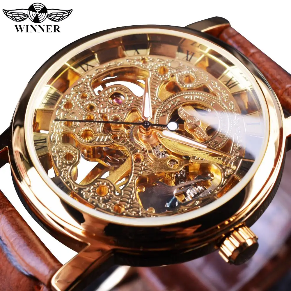 

Top Brand Luxury Winner Transparent Golden Case Luxury Casual Design watch Brown Leather Strap Mens Watches Mechanical Skeleton, 5 colors
