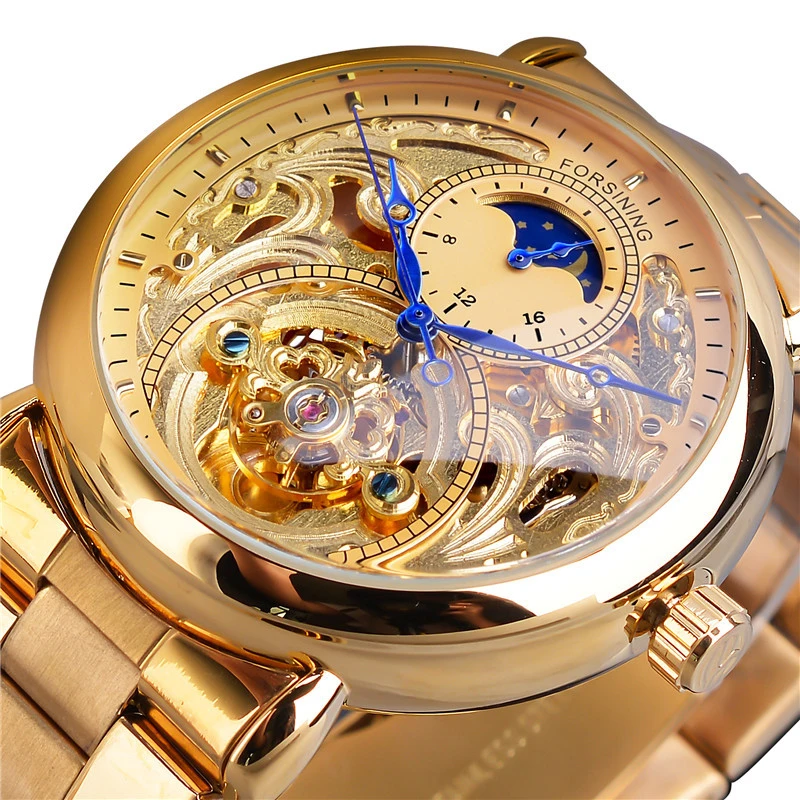 

2021 Men's fashion casual carved hollow moon phase steel belt mechanical watch automatic mechanical watch