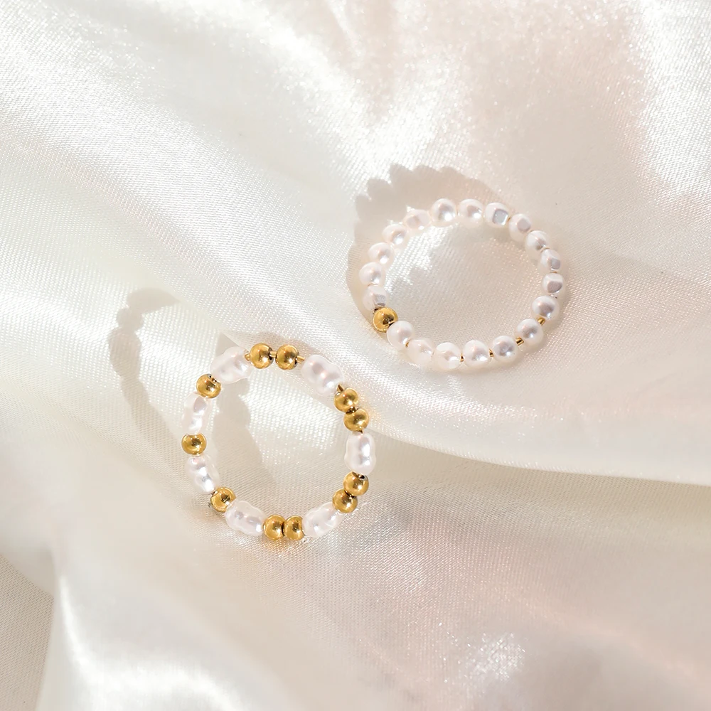 High End 18K Gold Plated Pearl Lucky Bead Dainty Rings Stainless Steel Jewelry Trendy Finger Ring