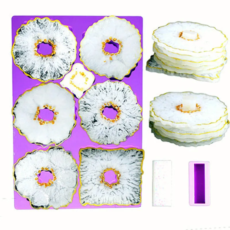

0225 DIY Shiny Crystal Epoxy 6 Irregular Coaster Set Epoxy Water Cup Mat Silicone Mold, Purple