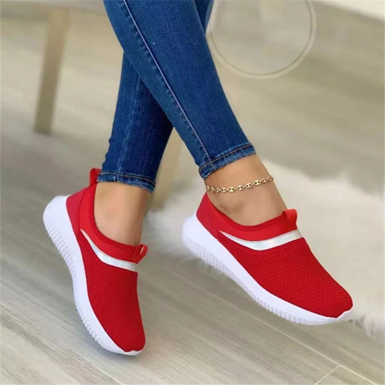 

Large Size Casual Breathable Lightweight Low Top Flat One Step Sneakers For Women, Red black gray cyan